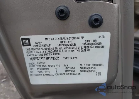 2001 Chevrolet Tahoe Lt from USA, damaged, VIN 1GNEC13T11R149532